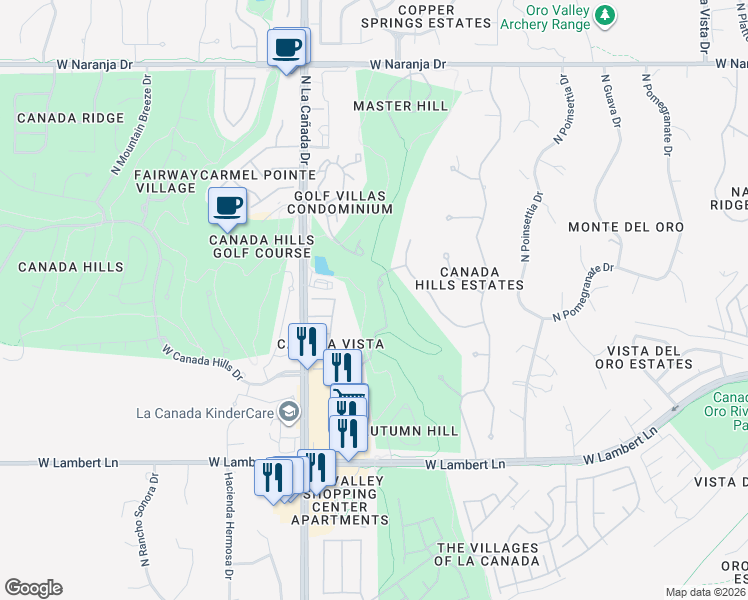 map of restaurants, bars, coffee shops, grocery stores, and more near 10735 Rocky Slope Place in Oro Valley