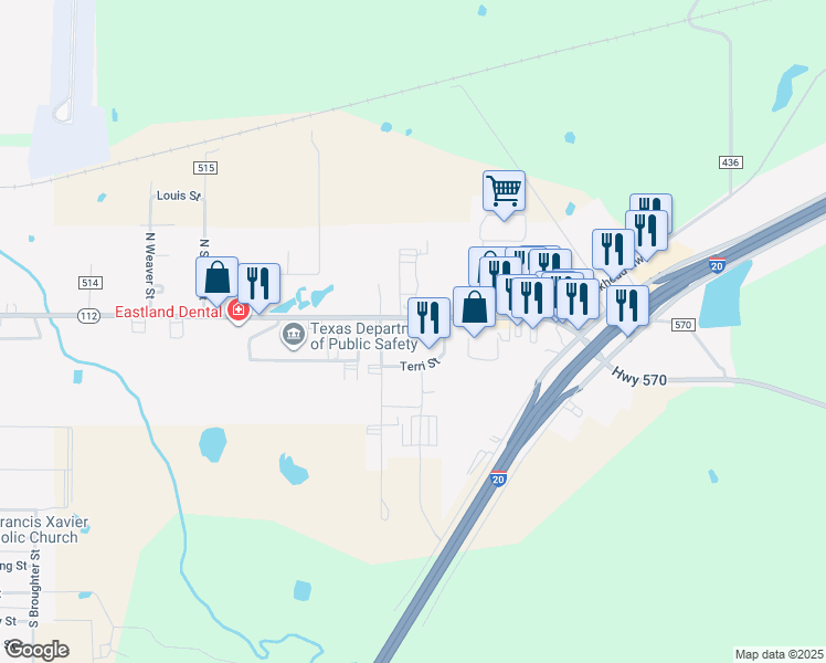 map of restaurants, bars, coffee shops, grocery stores, and more near 1331 Texas 112 in Eastland