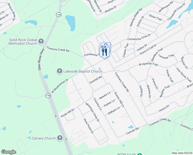 map of restaurants, bars, coffee shops, grocery stores, and more near 614 Overhill Road in Granbury