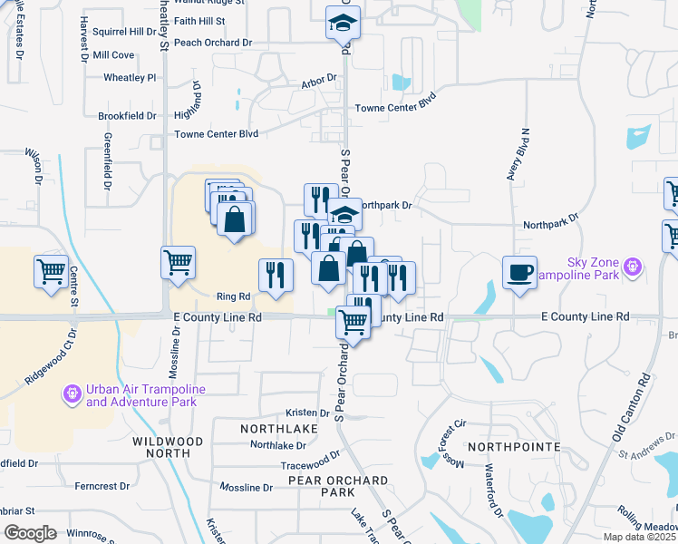 map of restaurants, bars, coffee shops, grocery stores, and more near 855 South Pear Orchard Road in Ridgeland
