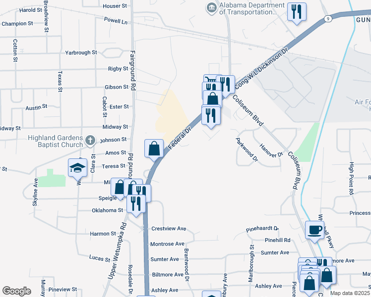 map of restaurants, bars, coffee shops, grocery stores, and more near 2742 Bonnie Crest Court in Montgomery