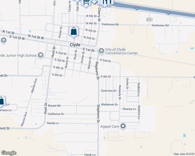 map of restaurants, bars, coffee shops, grocery stores, and more near 402 Stephens Street in Clyde
