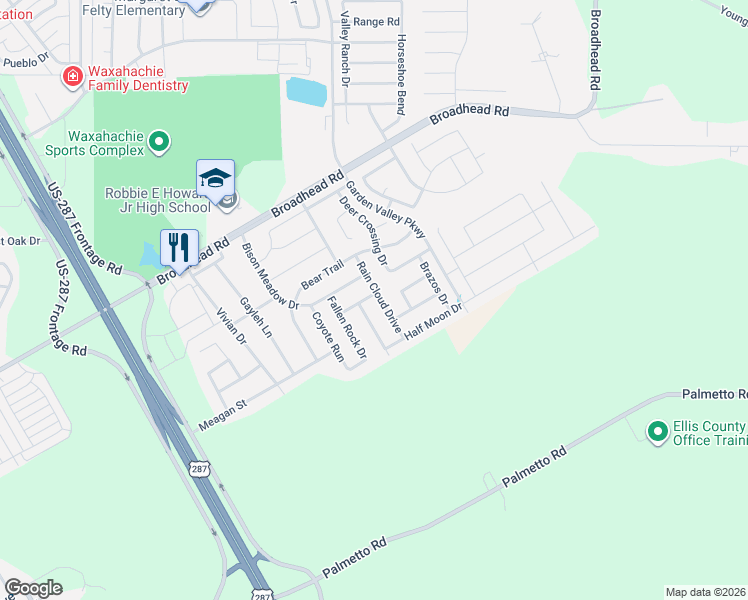 map of restaurants, bars, coffee shops, grocery stores, and more near 117 Rain Cloud Drive in Waxahachie