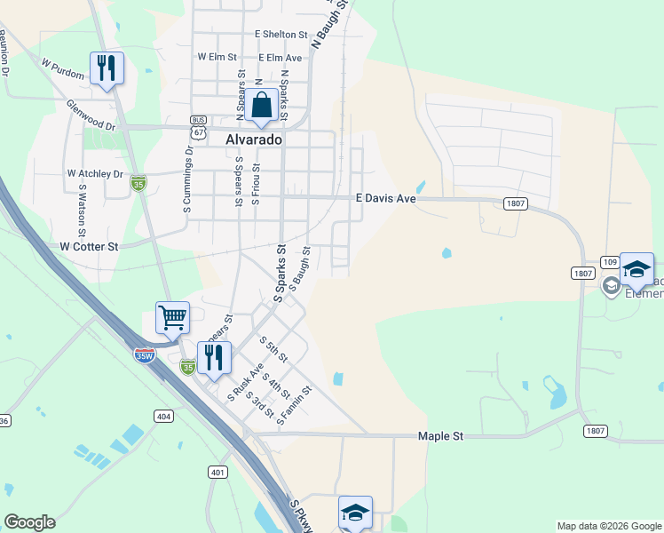 map of restaurants, bars, coffee shops, grocery stores, and more near Cotton Street in Alvarado
