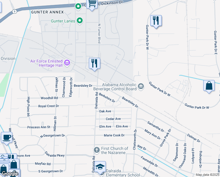 map of restaurants, bars, coffee shops, grocery stores, and more near 3939 Beardsley Drive in Montgomery