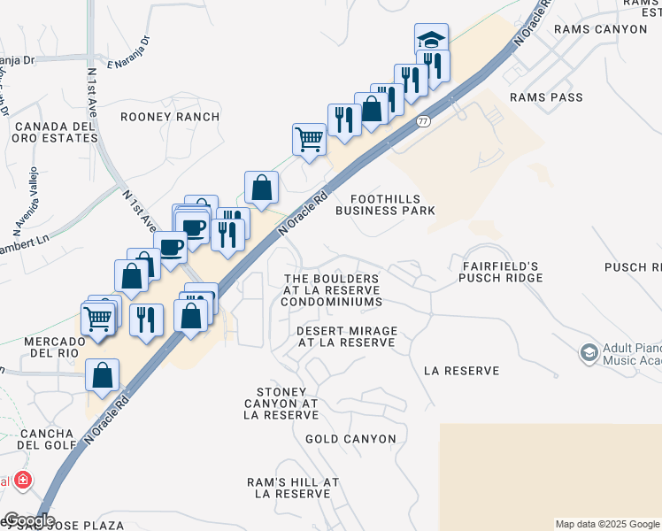 map of restaurants, bars, coffee shops, grocery stores, and more near 1500 East Pusch Wilderness Drive in Tucson