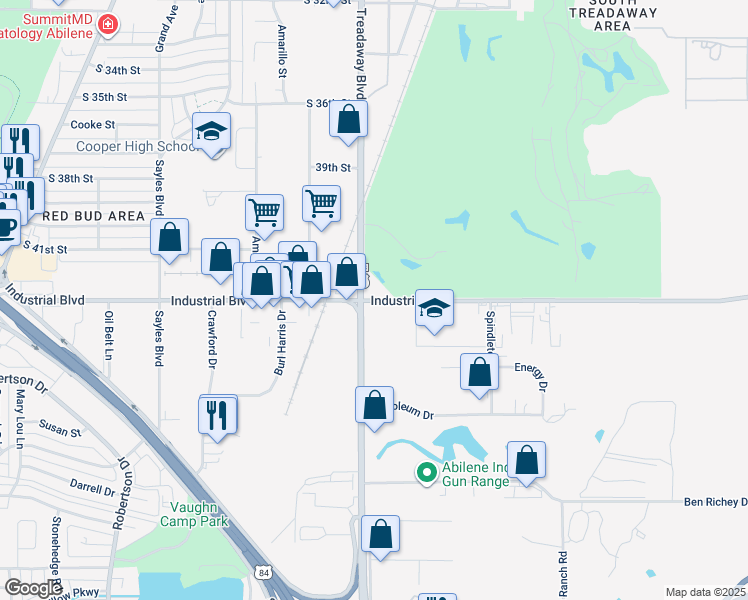 map of restaurants, bars, coffee shops, grocery stores, and more near Industrial Boulevard in Abilene