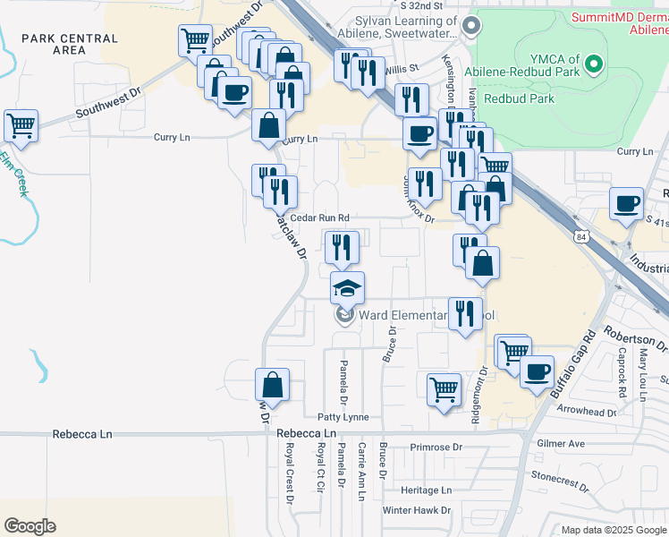 map of restaurants, bars, coffee shops, grocery stores, and more near 3702 Rolling Green Drive in Abilene