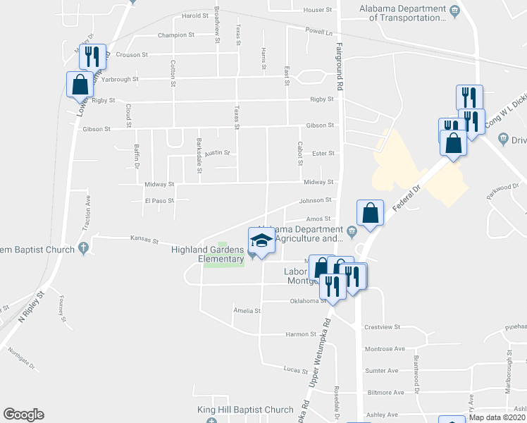 map of restaurants, bars, coffee shops, grocery stores, and more near 1995 Johnson Street in Montgomery