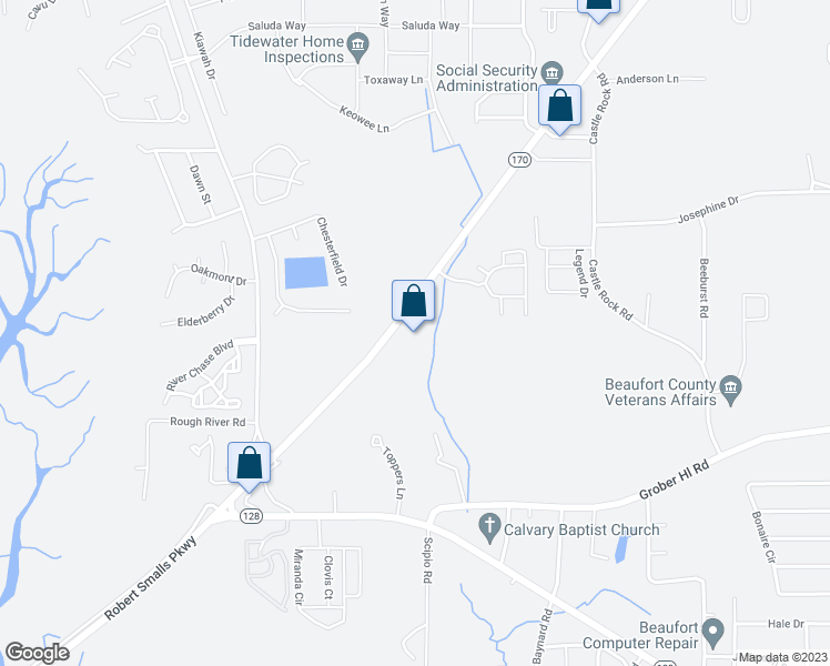 map of restaurants, bars, coffee shops, grocery stores, and more near 745 Robert Smalls Parkway in Beaufort