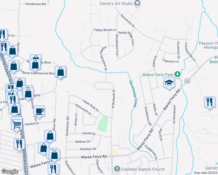 map of restaurants, bars, coffee shops, grocery stores, and more near 1153 North Burbank Drive in Montgomery