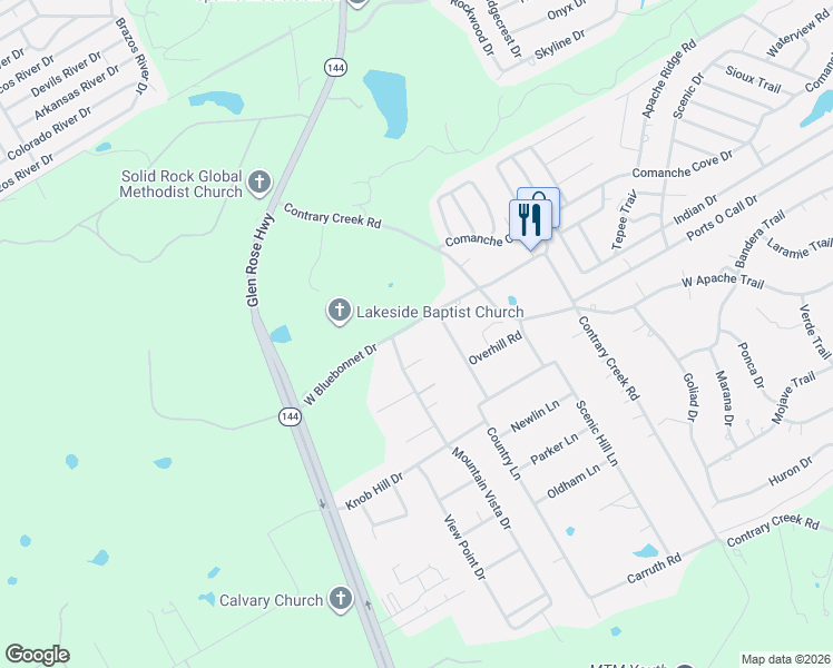 map of restaurants, bars, coffee shops, grocery stores, and more near 505 West Bluebonnet Drive in Granbury