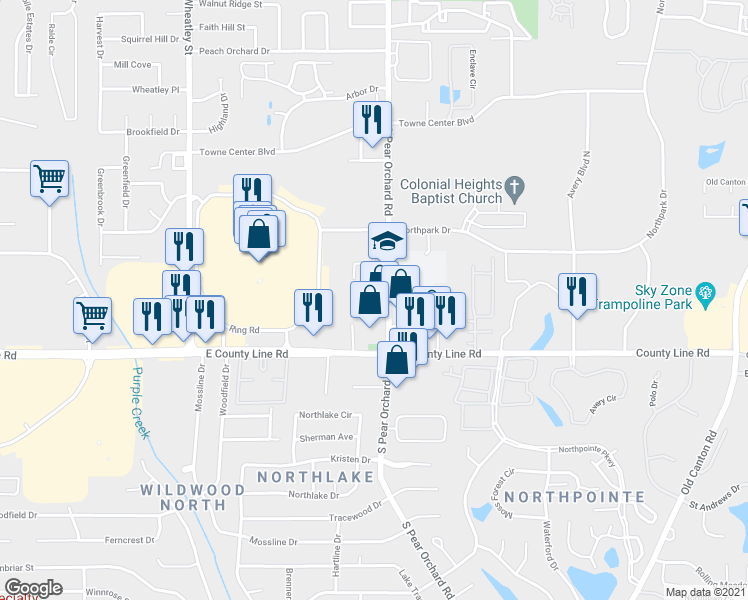 map of restaurants, bars, coffee shops, grocery stores, and more near 855 South Pear Orchard Road in Ridgeland