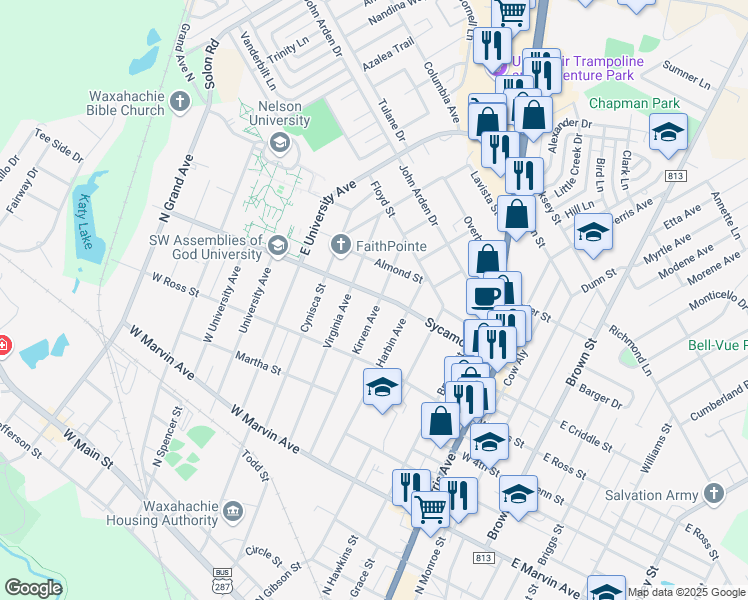 map of restaurants, bars, coffee shops, grocery stores, and more near 801 Sycamore Street in Waxahachie