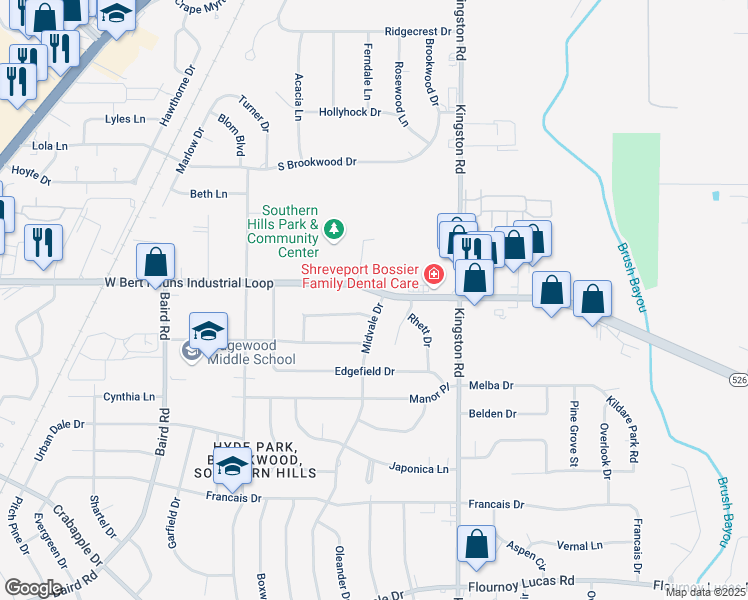 map of restaurants, bars, coffee shops, grocery stores, and more near 1001 West Bert Kouns Industrial Loop in Shreveport