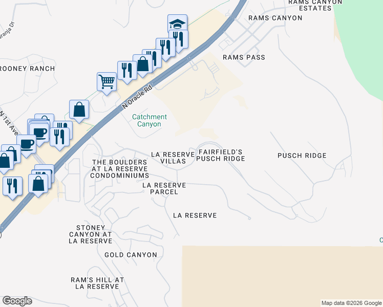 map of restaurants, bars, coffee shops, grocery stores, and more near 10770 North Della Vita Place in Oro Valley
