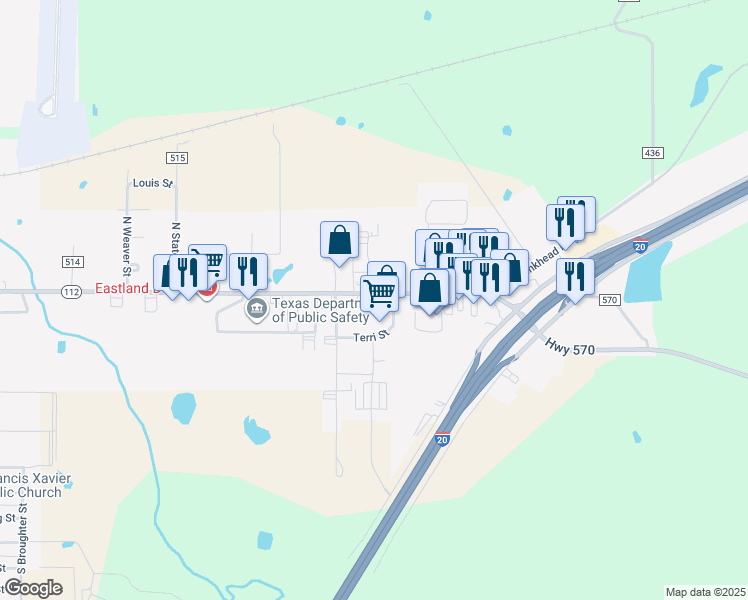 map of restaurants, bars, coffee shops, grocery stores, and more near 1331 Texas 112 in Eastland