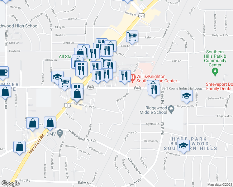 map of restaurants, bars, coffee shops, grocery stores, and more near 2533 West Bert Kouns Industrial Loop in Shreveport