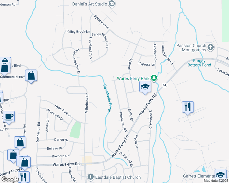 map of restaurants, bars, coffee shops, grocery stores, and more near 1325 Dunbarton Road in Montgomery