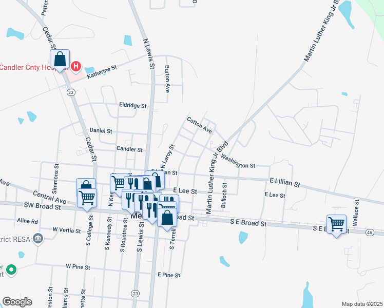 map of restaurants, bars, coffee shops, grocery stores, and more near 207 Lincoln Street in Metter