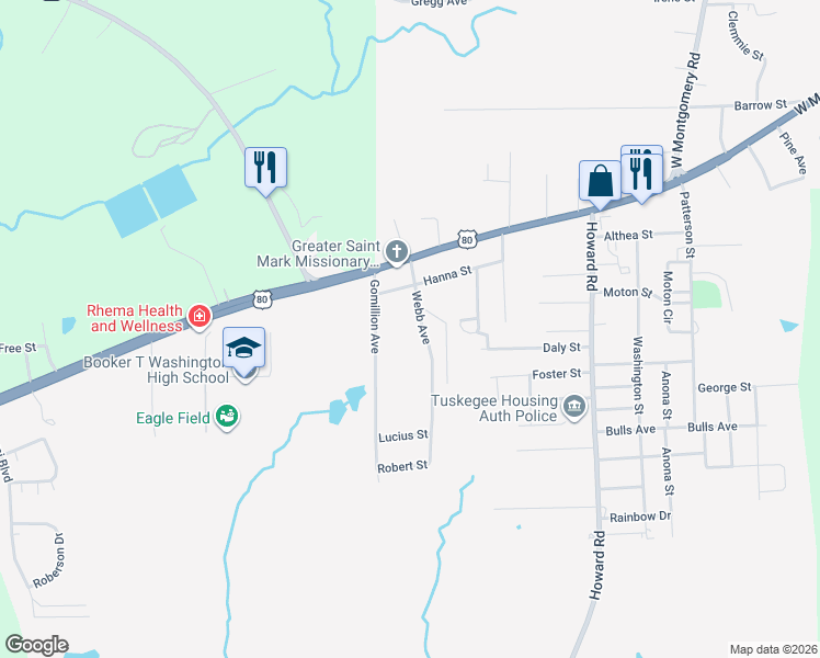 map of restaurants, bars, coffee shops, grocery stores, and more near 302 Webb Avenue in Tuskegee