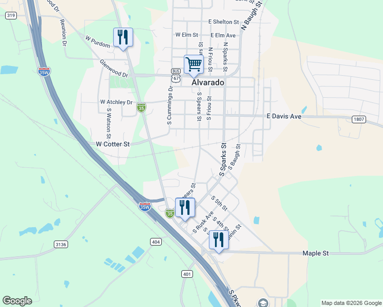 map of restaurants, bars, coffee shops, grocery stores, and more near 510 South Russell Street in Alvarado