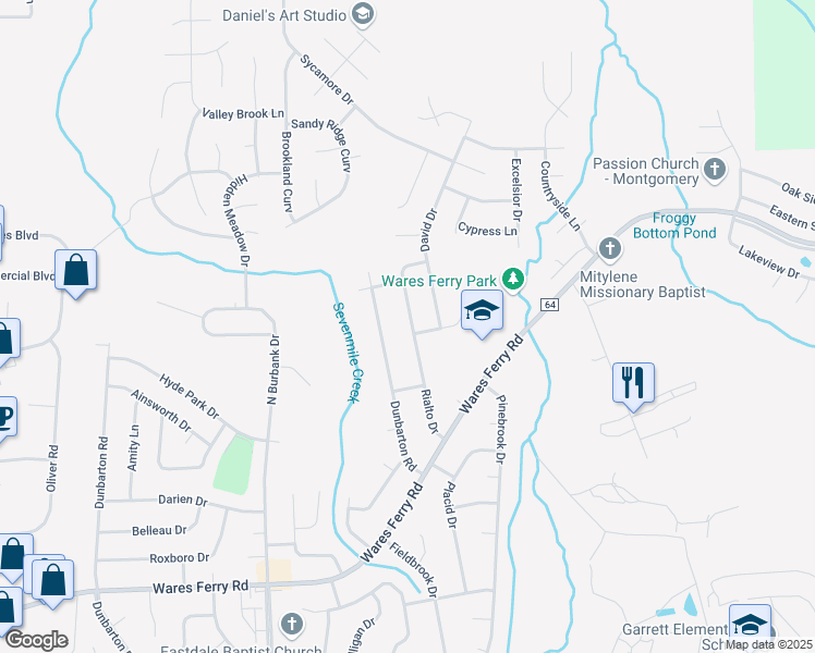 map of restaurants, bars, coffee shops, grocery stores, and more near 905 Rialto Drive in Montgomery