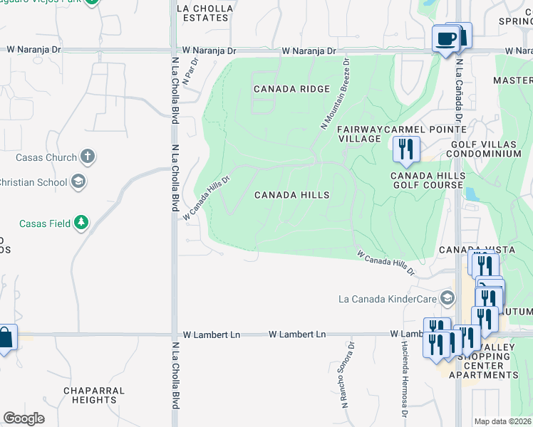 map of restaurants, bars, coffee shops, grocery stores, and more near 1871 West La Quinta Place in Tucson
