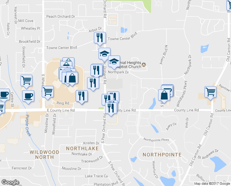 map of restaurants, bars, coffee shops, grocery stores, and more near 406 Orchard Park in Ridgeland