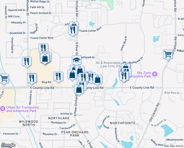 map of restaurants, bars, coffee shops, grocery stores, and more near 406 Orchard Park in Ridgeland