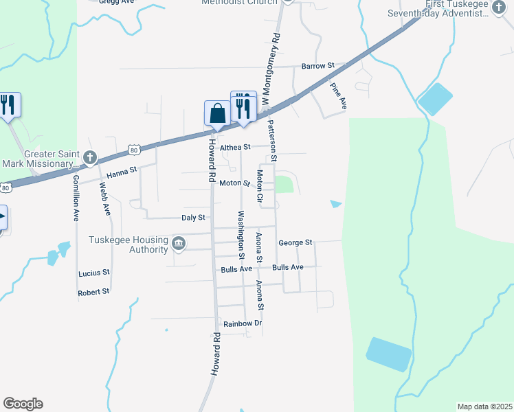 map of restaurants, bars, coffee shops, grocery stores, and more near 2802 Moton Circle in Tuskegee