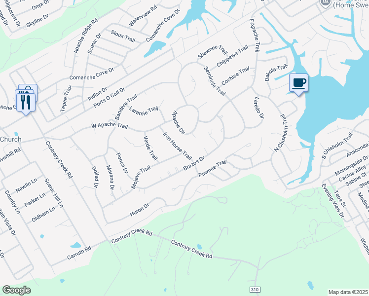 map of restaurants, bars, coffee shops, grocery stores, and more near 4015 Iron Horse Trail in Granbury