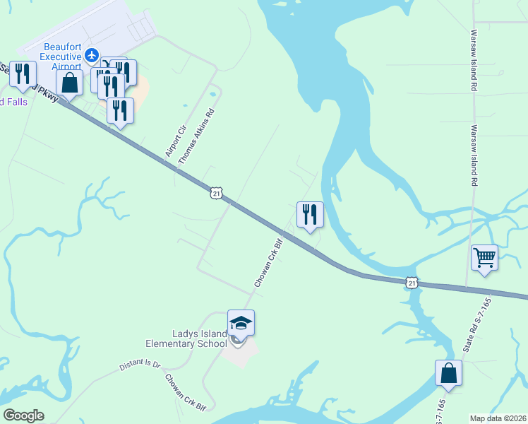map of restaurants, bars, coffee shops, grocery stores, and more near 361 Sea Island Parkway in Beaufort
