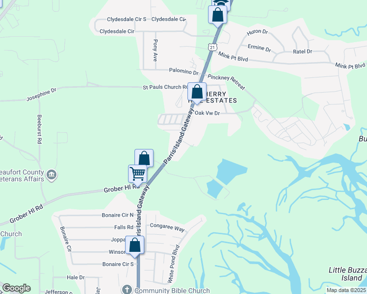 map of restaurants, bars, coffee shops, grocery stores, and more near 503 Parris Island Gateway in Beaufort