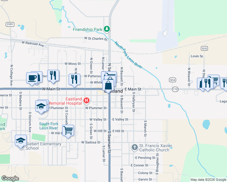 map of restaurants, bars, coffee shops, grocery stores, and more near in Eastland