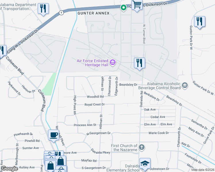 map of restaurants, bars, coffee shops, grocery stores, and more near 1225 Charnwood Drive in Montgomery