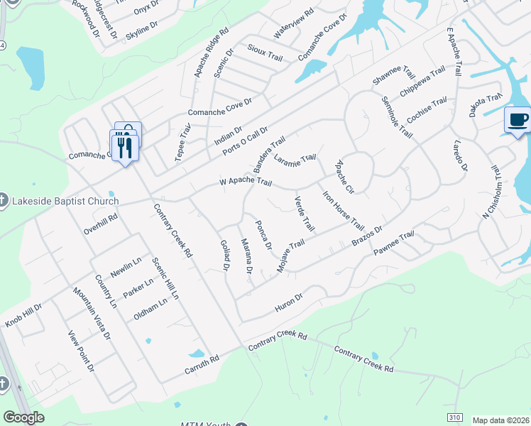 map of restaurants, bars, coffee shops, grocery stores, and more near 4003 Ponca Drive in Granbury