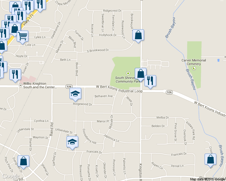map of restaurants, bars, coffee shops, grocery stores, and more near 1005 W Bert Kouns Industrial Loop in Shreveport
