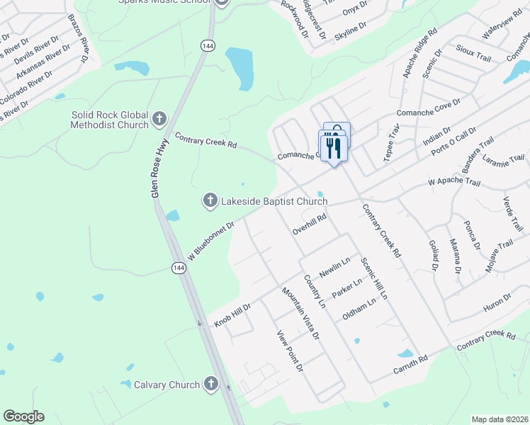 map of restaurants, bars, coffee shops, grocery stores, and more near 505 West Bluebonnet Drive in Granbury