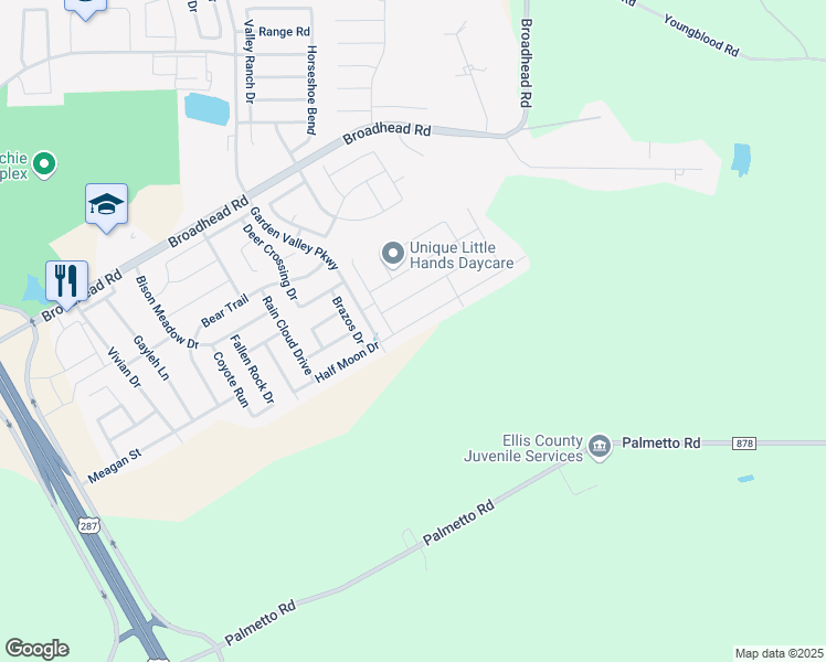 map of restaurants, bars, coffee shops, grocery stores, and more near 179 Half Moon Drive in Waxahachie