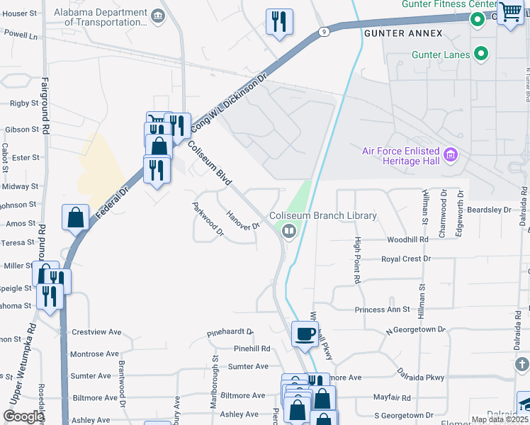 map of restaurants, bars, coffee shops, grocery stores, and more near 904 Coliseum Boulevard in Montgomery