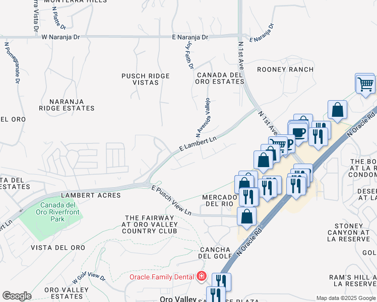 map of restaurants, bars, coffee shops, grocery stores, and more near 385 East Streams Edge Place in Oro Valley