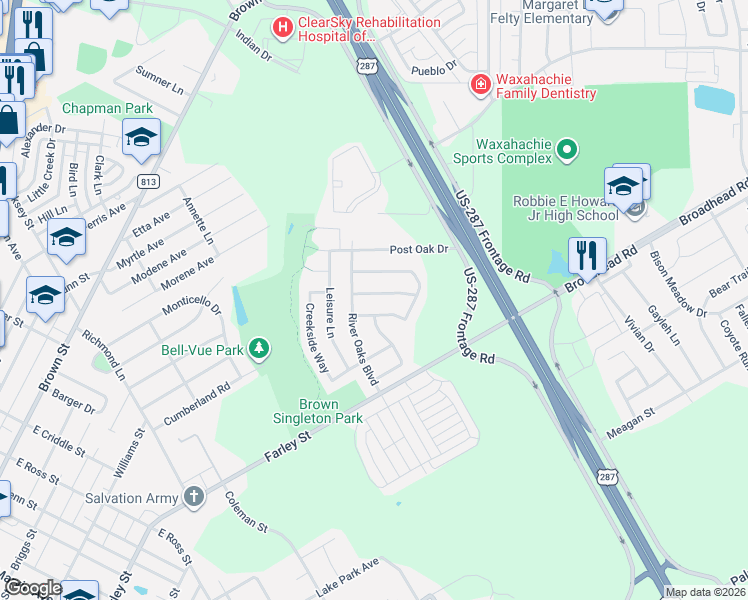 map of restaurants, bars, coffee shops, grocery stores, and more near 106 Bryn Mawr Lane in Waxahachie