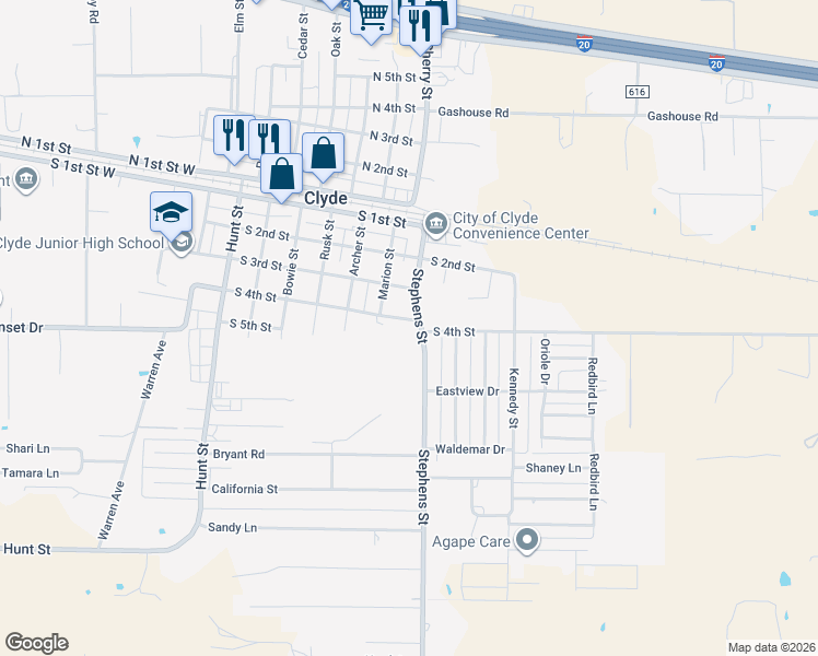 map of restaurants, bars, coffee shops, grocery stores, and more near 402 Stephens Street in Clyde