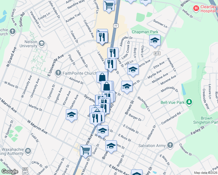 map of restaurants, bars, coffee shops, grocery stores, and more near 1401 Ferris Avenue in Waxahachie