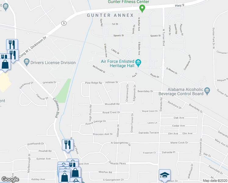 map of restaurants, bars, coffee shops, grocery stores, and more near 1527 Pine Ridge Court in Montgomery