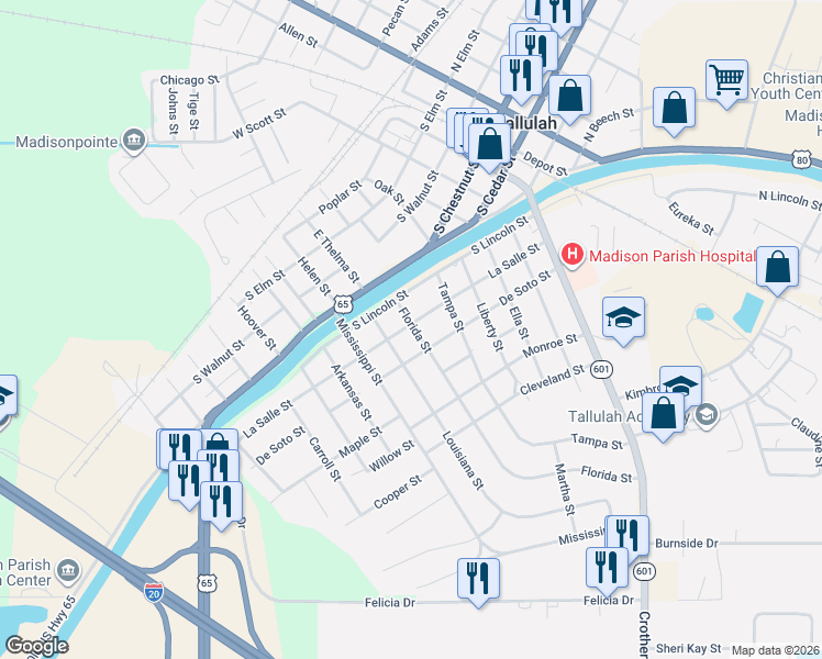 map of restaurants, bars, coffee shops, grocery stores, and more near 801-899 Florida Street in Tallulah