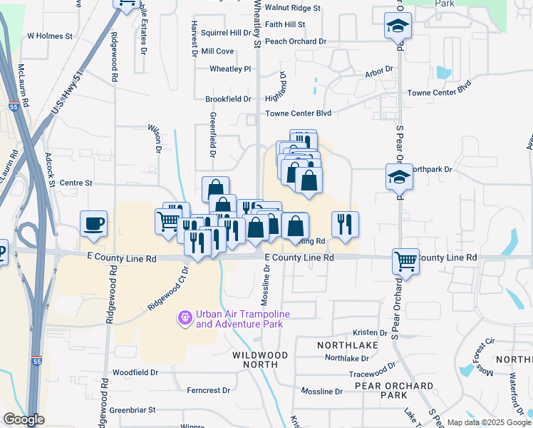 map of restaurants, bars, coffee shops, grocery stores, and more near Ring Road in Ridgeland