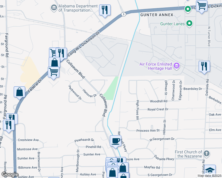 map of restaurants, bars, coffee shops, grocery stores, and more near 850 Coliseum Boulevard in Montgomery