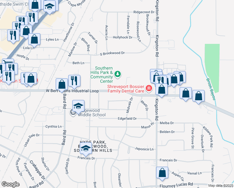 map of restaurants, bars, coffee shops, grocery stores, and more near 1023 West Bert Kouns Industrial Loop in Shreveport